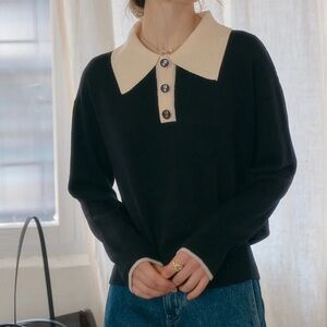 Selena Polo Contrast Collar 100% Wool Black Knit - Simple Retro M